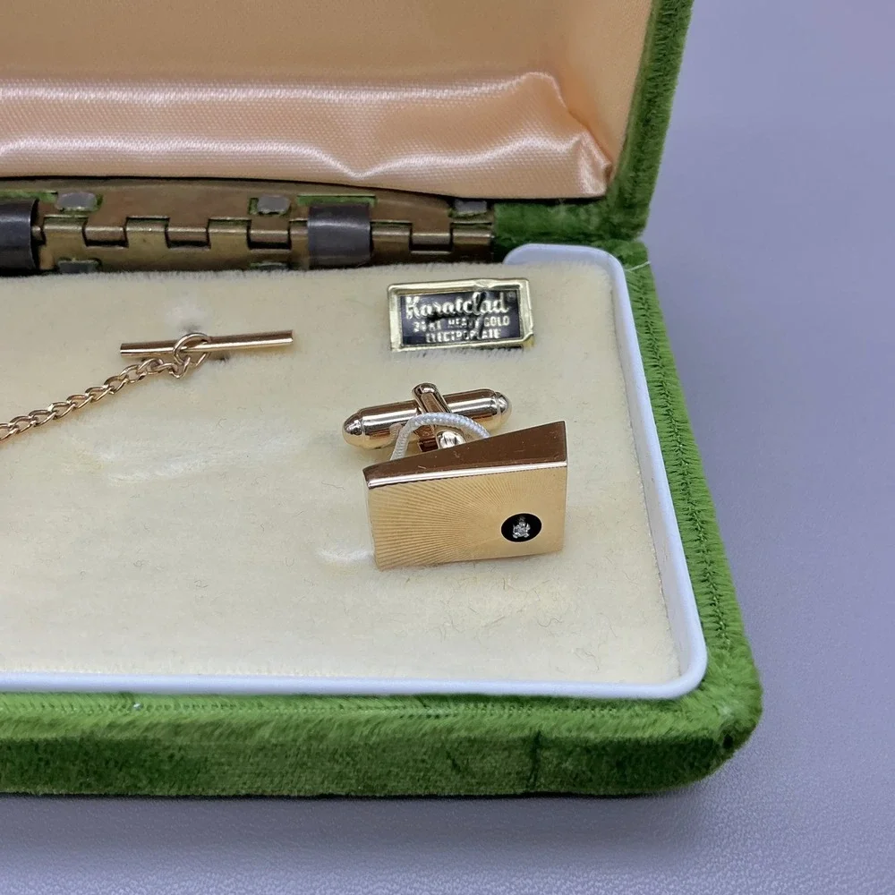 Anson Cufflinks Set Men 24KT Gold Plated Genuine Diamond Heavy Electroplate